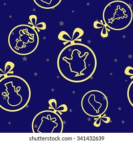 Vector seamless background: Christmas balls Santa Claus, Snowman, Deer, sock, gift box, tree silhouette on background with stars