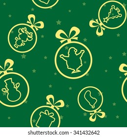 Vector seamless background: Christmas balls Santa Claus, Snowman, Deer, sock, gift box, tree silhouette on background with stars
