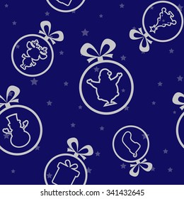 Vector seamless background: Christmas balls Santa Claus, Snowman, Deer, sock, gift box, tree silhouette on background with stars