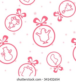 Vector seamless background: Christmas balls Santa Claus, Snowman, Deer, sock, gift box, tree silhouette on background with stars