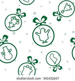 Vector seamless background: Christmas balls Santa Claus, Snowman, Deer, sock, gift box, tree silhouette on background with stars
