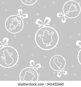 Vector seamless background: Christmas balls Santa Claus, Snowman, Deer, sock, gift box, tree silhouette on background with stars