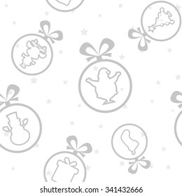 Vector seamless background: Christmas balls Santa Claus, Snowman, Deer, sock, gift box, tree silhouette on background with stars