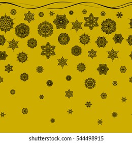 Vector seamless background for Christmas with decorative snowflakes. Pattern on yellow background. Design.