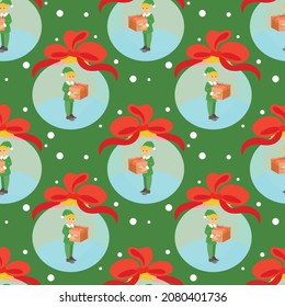 Vector seamless background with a Christmas elf in a Christmas ball and a gift box