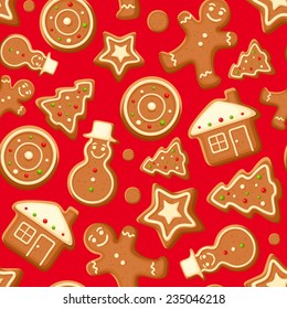 Vector seamless background with Christmas gingerbread cookies on red.