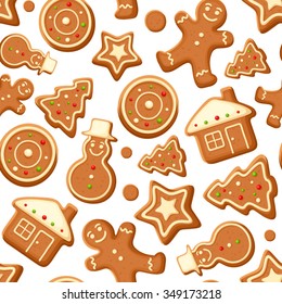 Vector seamless background with Christmas gingerbread cookies on white.