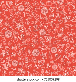 Vector seamless background with Christmas and New Year outline symbols. Santa Claus, presents, a Christmas tree. Design for a holiday banner, wrapping paper, postcard, poster. Illustration.