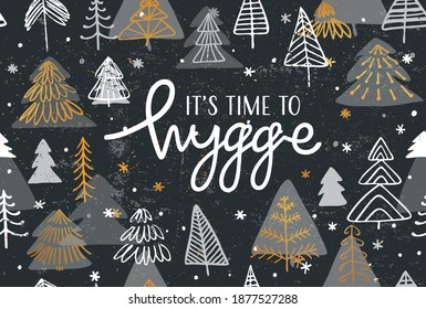 Vector seamless background with christmas trees and hand-write lettering. Seasonal winter texture. Christmas package, card, banner template. EPS 10