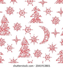 Vector seamless background with Christmas trees, stars and snowflakes in whimsical style. Merry Christmas! Happy New year!