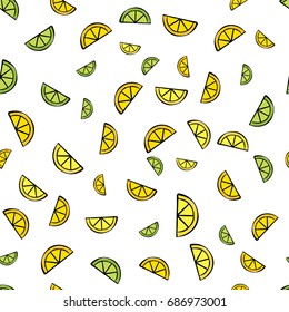 Vector seamless background of citrus fruits. Lime, lemon and orange slices.