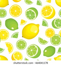 Vector seamless background of citrus products - lemon and lime on white background. Whole fruits and slices. Cover design. 