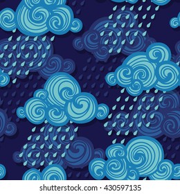 Vector seamless background with clouds and rain. Rainy weather pattern