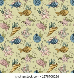 Vector seamless background of colored isolated patterns, fish,  algae, stars, seashells.Light background. Design element for children`s textiles, interior, books.Vector Illustration.