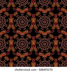 Vector seamless background. Colored patterns antique. Floral ornament in red colors on a black background.
