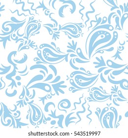 Vector seamless background. Colored patterns antique. Floral ornament in blue colors on a white background.
