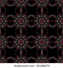Vector seamless background. Colored patterns antique. Floral ornament in red and pink colors on a black background.