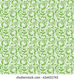 Vector seamless background. Colored patterns antique. Doodle ornament in green colors on a white background.