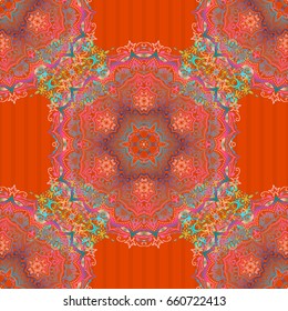 Vector seamless background. Colored patterns antique. Ornament in orange, blue and pink colors.