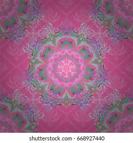 Vector seamless background. Colored patterns antique. Ornament in green and pink colors.