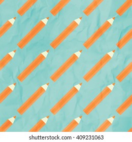 Vector seamless background with colored pencils. Childish pattern. Crumpled paper texture.