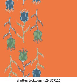 Vector seamless background with colored spots and holes. Ditsy flowers. Seamless background in vertical orange, neutral and blue tulips.
