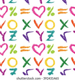 Vector seamless background with colorful abstract symbols on white background. Random hand-drawn symbols in sketch style. Bright seamless pattern. Original vivid wallpaper.