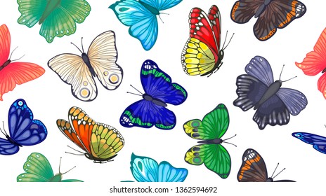 Vector seamless background with colorful butterflies on white background. Illustration for clothing design or printing on fabric and paper.