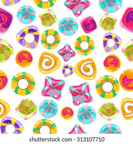 Vector seamless background with colorful candies on a white background.