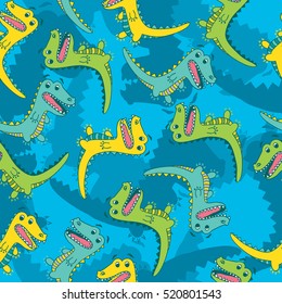 Vector seamless background with colorful cartoon crocodile on blue background. Bright multicolored pattern.