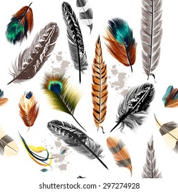 Vector seamless background with colorful and engraved feathers