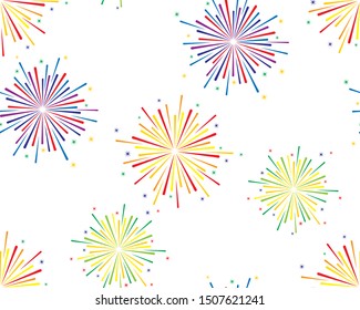 Vector seamless background of colorful fireworks on white background. 