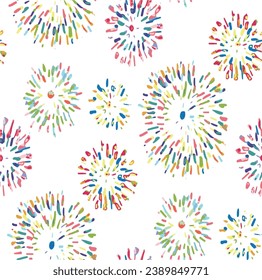 Vector seamless background of colorful fireworks on white background.