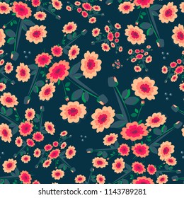 Vector seamless background with colorful flowers and elements