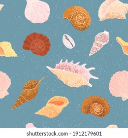 Vector seamless background with colorful hand drawn illustrations of seashell. For textile, pattern fills, web page, surface textures, wrapping paper, design of presentation and other graphic design