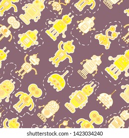 Vector seamless background with colorful illustration of cute robots. Can be used for wallpaper, pattern fills, web page, surface textures, textile print, wrapping paper