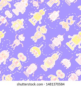 Vector seamless background with colorful illustration of cute robots. Can be used for wallpaper, pattern fills, web page, surface textures, textile print, wrapping paper