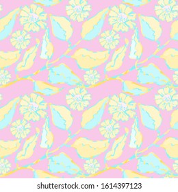 Vector seamless background with colorful illustration of leaves and flowers. Can be used for wallpaper, pattern fills, web page, surface textures, textile print, wrapping paper