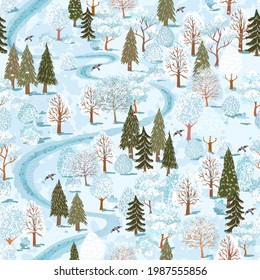 Vector seamless background with colorful illustration of summer forest landscape in the Scandinavian style. Use it for wallpaper, pattern fills, surface textures, textile print, wrapping paper