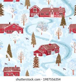 Vektornahtloser Hintergrund mit bunter Illustration der Winterlandschaft mit einem Haus im skandinavischen Stil. Verwenden Sie es für Tapeten, Musterfüllungen, Oberflächentexturen, Stoffdruck, Packpapier