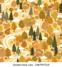 Vector seamless background with colorful illustration of summer forest landscape in the Scandinavian style. Use it for wallpaper, pattern fills, surface textures, textile print, wrapping paper
