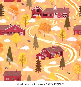 Vector seamless background with colorful illustration of autumn landscape with a house in the Scandinavian style. Use it for wallpaper, pattern fills, surface textures, textile print, wrapping paper