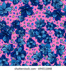 Vector seamless background with colorful illustration the skin of a leopard or Cheetah with flowers. Can be used for wallpaper, pattern fills, web page, surface textures, textile print, wrapping paper