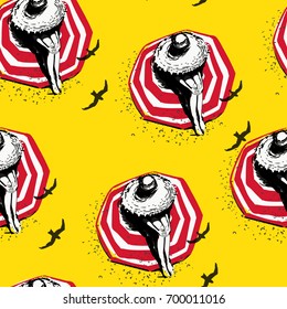 Vector seamless background with colorful illustration of girl in hat on a beach in a modern style. Can be used for wallpaper, pattern fills, web page, textures, textile print, wrapping paper
