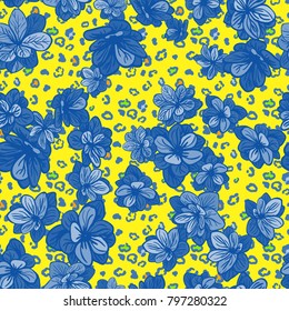 Vector seamless background with colorful illustration the skin of a leopard or Cheetah with flowers. Can be used for wallpaper, pattern fills, web page, surface textures, textile print, wrapping paper