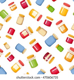 Vector seamless background with colorful jam jars on a white background.