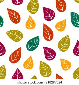 Vector seamless background - colorful leaves in bright colors. Hand drawn
