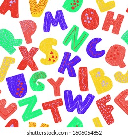 Vector seamless background with colorful letters. Alphabet. Can be used for wallpaper, pattern fills, web page, surface textures, textile print, wrapping paper