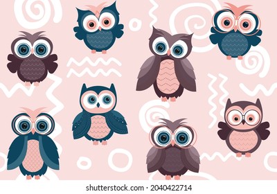 Vector seamless background with colorful owls in flat style. Handwritten phrase. Poster, banner, label or sticker template. EPS10