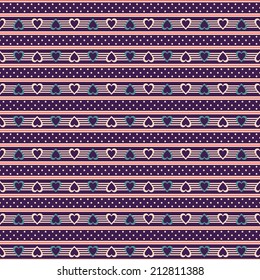 Vector seamless background with colorful polka and hearts borders pattern